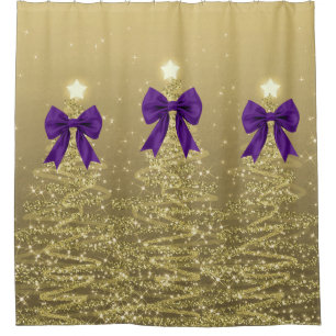Christmas Sparkling Trees Gold Faux Purple Bow Shower Curtain