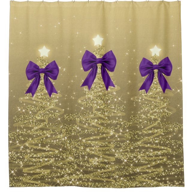 Christmas Sparkling Trees Gold Faux Purple Bow  Shower Curtain (Front)