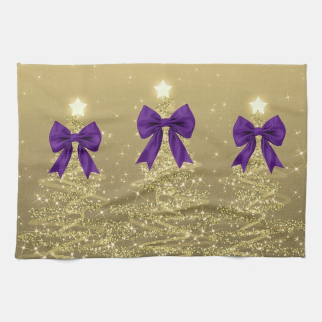 Christmas Sparkling Trees Gold Faux Purple Bow  Tea Towel (Horizontal)