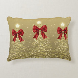 Christmas Sparkling Trees Gold Faux Red Bow Decorative Cushion