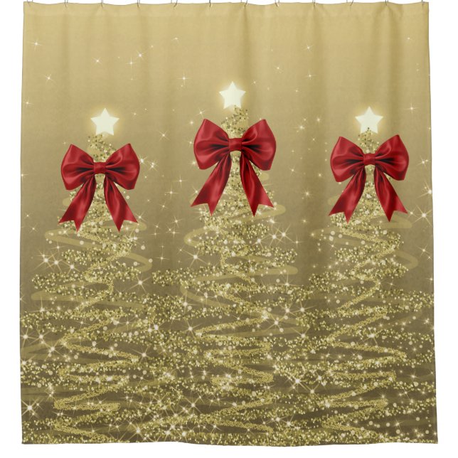 Christmas Sparkling Trees Gold Faux Red Bow  Shower Curtain (Front)
