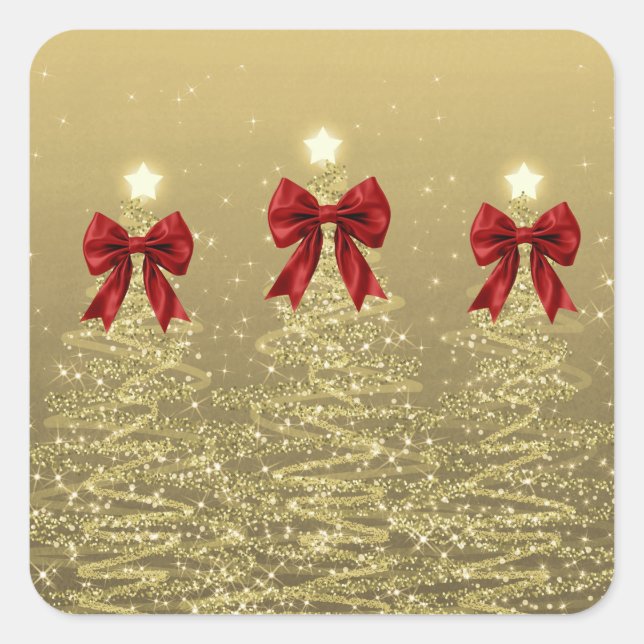 Christmas Sparkling Trees Gold Faux Red Bow  Square Sticker (Front)