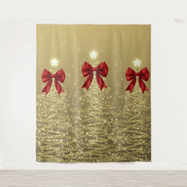 Christmas Sparkling Trees Gold Faux Red Bow  Tapestry (Front)