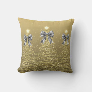 Christmas Sparkling Trees Gold Faux Silver Bow Cushion