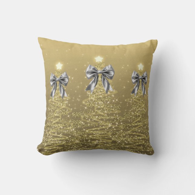 Christmas Sparkling Trees Gold Faux Silver Bow Cushion (Front)