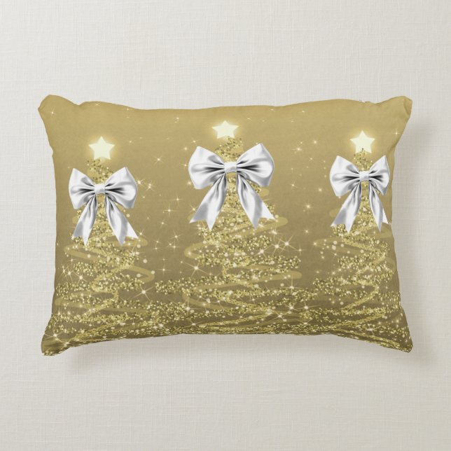 Christmas Sparkling Trees Gold Faux Silver Bow  Decorative Cushion (Front)