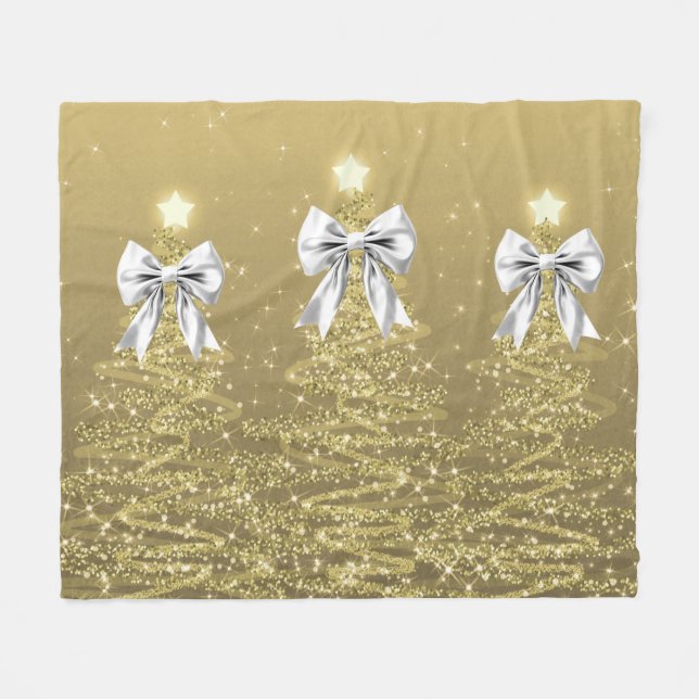 Christmas Sparkling Trees Gold Faux Silver Bow  Fleece Blanket (Front (Horizontal))