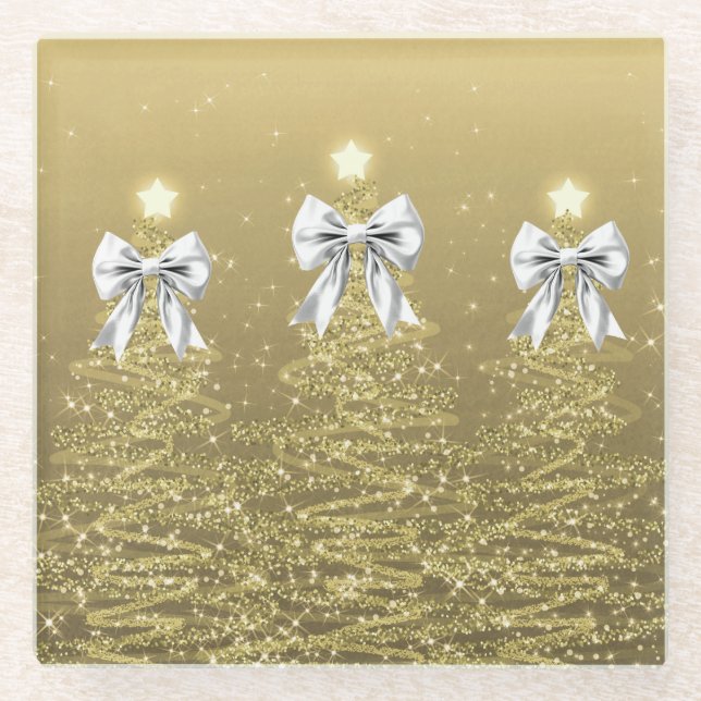 Christmas Sparkling Trees Gold Faux Silver Bow  Glass Coaster (Front)