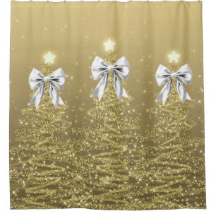 Christmas Sparkling Trees Gold Faux Silver Bow Shower Curtain