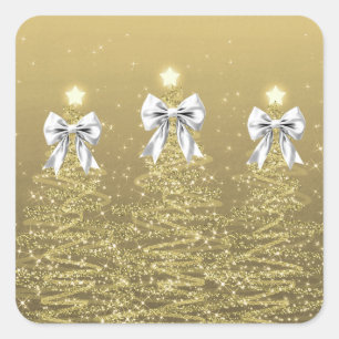 Christmas Sparkling Trees Gold Faux Silver Bow  Square Sticker