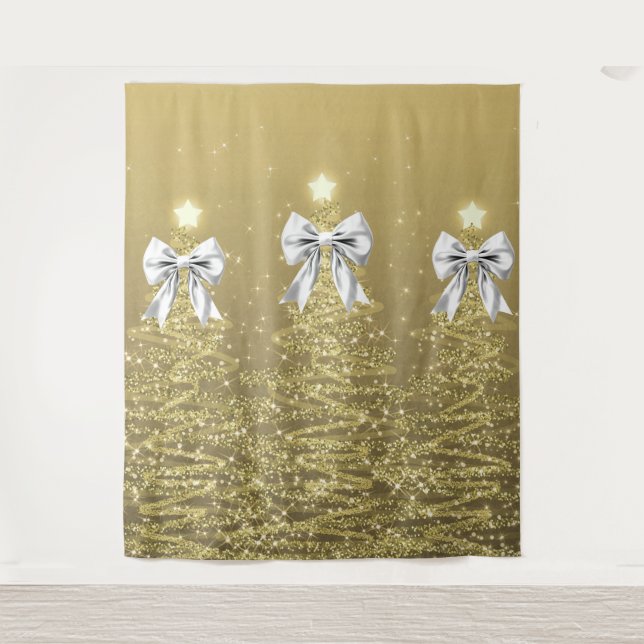 Christmas Sparkling Trees Gold Faux Silver Bow  Tapestry (Front)