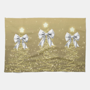 Christmas Sparkling Trees Gold Faux Silver Bow Tea Towel