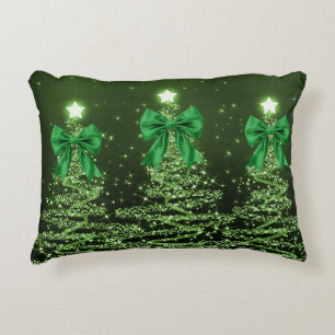 Christmas Sparkling Trees Green Faux Bow Decorative Cushion