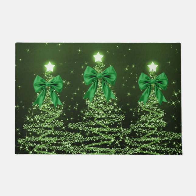 Christmas Sparkling Trees Green Faux Bow  Doormat (Front)