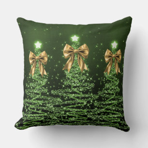 Christmas Sparkling Trees Green Faux Gold Bow Cushion