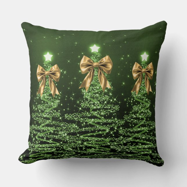 Christmas Sparkling Trees Green Faux Gold Bow  Cushion (Front)
