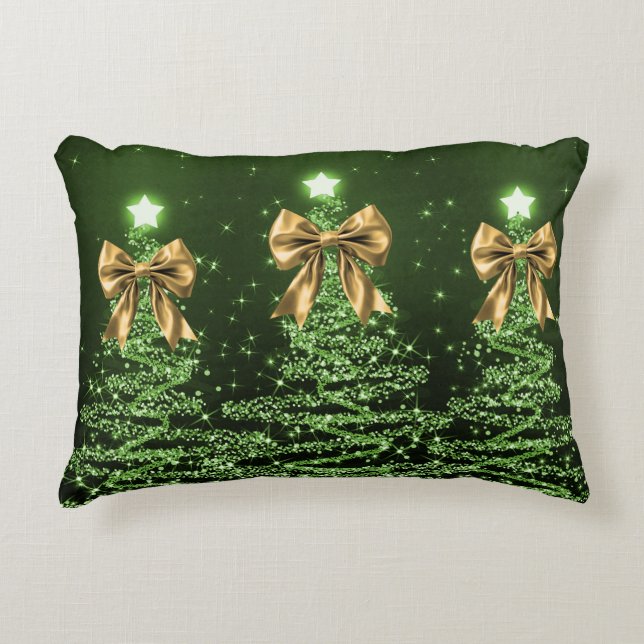 Christmas Sparkling Trees Green Faux Gold Bow  Decorative Cushion (Front)