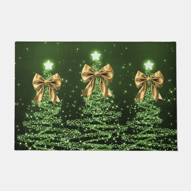 Christmas Sparkling Trees Green Faux Gold Bow  Doormat (Front)