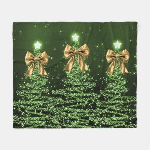 Christmas Sparkling Trees Green Faux Gold Bow  Fleece Blanket