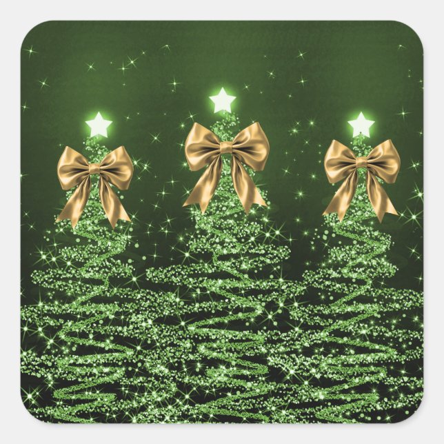 Christmas Sparkling Trees Green Faux Gold Bow  Square Sticker (Front)