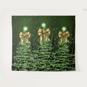 Christmas Sparkling Trees Green Faux Gold Bow Tapestry