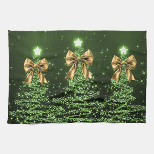 Christmas Sparkling Trees Green Faux Gold Bow  Tea Towel