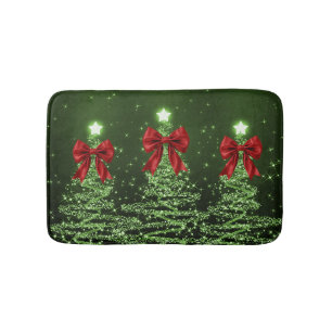 Christmas Sparkling Trees Green Faux Red Bow Bath Mat