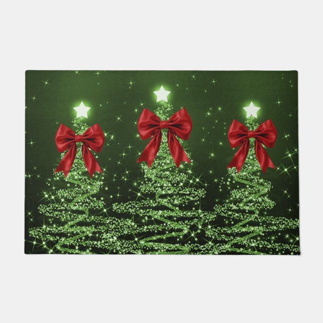 Christmas Sparkling Trees Green Faux Red Bow  Doormat (Front)
