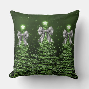 Christmas Sparkling Trees Green Faux Silver Bow  Cushion