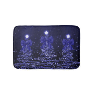 Christmas Sparkling Trees Navy Blue Faux Bow  Bath Mat