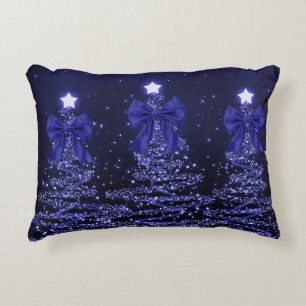Christmas Sparkling Trees Navy Blue Faux Bow  Decorative Cushion