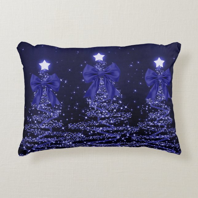 Christmas Sparkling Trees Navy Blue Faux Bow  Decorative Cushion (Front)