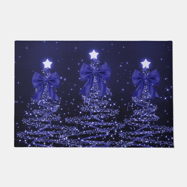 Christmas Sparkling Trees Navy Blue Faux Bow  Doormat (Front)