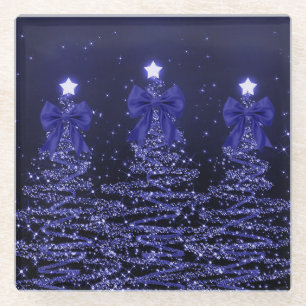 Christmas Sparkling Trees Navy Blue Faux Bow Glass Coaster