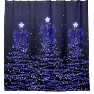 Christmas Sparkling Trees Navy Blue Faux Bow Shower Curtain