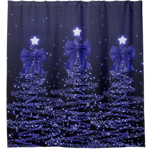 Christmas Sparkling Trees Navy Blue Faux Bow  Shower Curtain (Front)