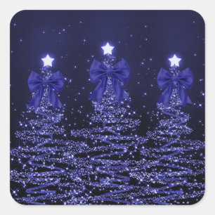 Christmas Sparkling Trees Navy Blue Faux Bow Square Sticker