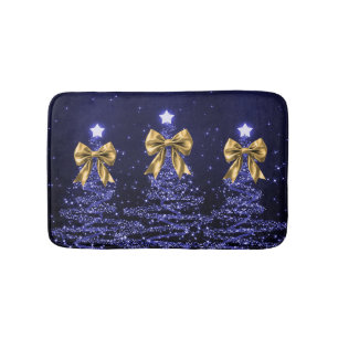 Christmas Sparkling Trees Navy Blue Faux Gold Bow Bath Mat