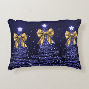 Christmas Sparkling Trees Navy Blue Faux Gold Bow  Decorative Cushion