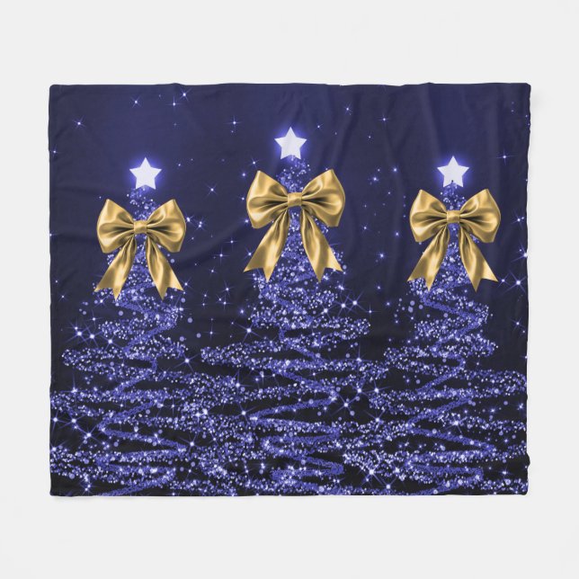 Christmas Sparkling Trees Navy Blue Faux Gold Bow  Fleece Blanket (Front (Horizontal))