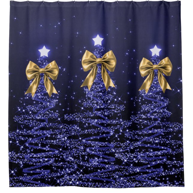 Christmas Sparkling Trees Navy Blue Faux Gold Bow  Shower Curtain (Front)