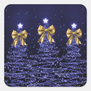 Christmas Sparkling Trees Navy Blue Faux Gold Bow  Square Sticker