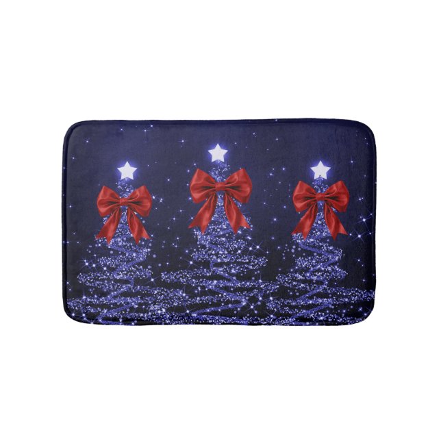 Christmas Sparkling Trees Navy Blue Faux Red Bow  Bath Mat (Front)