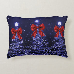 Christmas Sparkling Trees Navy Blue Faux Red Bow  Decorative Cushion