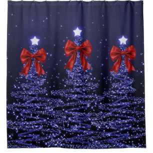 Christmas Sparkling Trees Navy Blue Faux Red Bow  Shower Curtain
