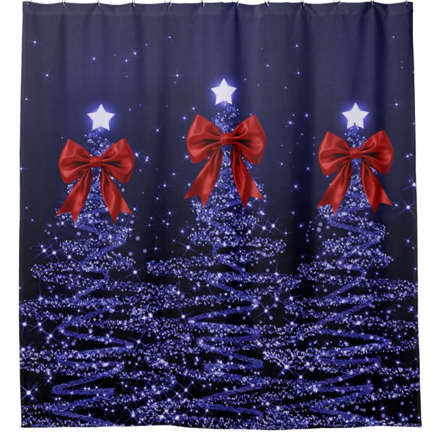 Christmas Sparkling Trees Navy Blue Faux Red Bow  Shower Curtain (Front)