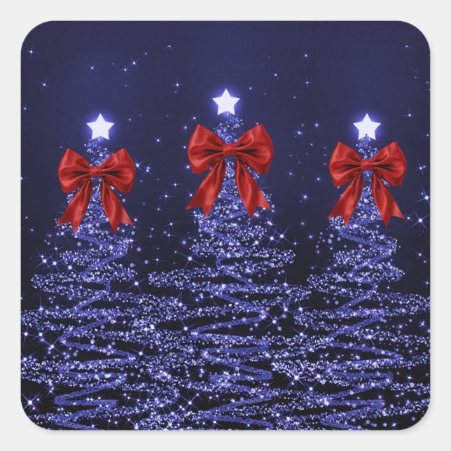 Christmas Sparkling Trees Navy Blue Faux Red Bow  Square Sticker (Front)