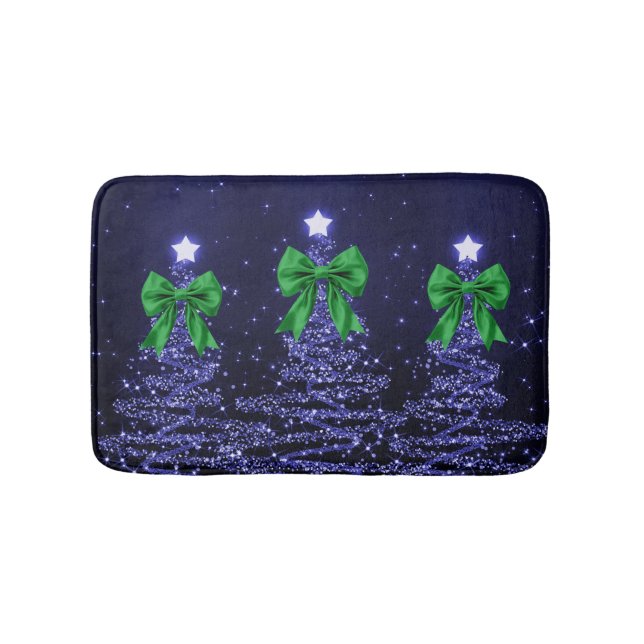 Christmas Sparkling Trees Navy Blue Green Bow  Bath Mat (Front)