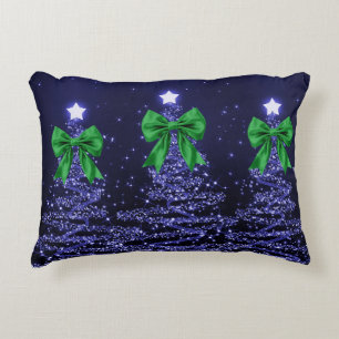 Christmas Sparkling Trees Navy Blue Green Bow Decorative Cushion