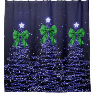 Christmas Sparkling Trees Navy Blue Green Bow Shower Curtain